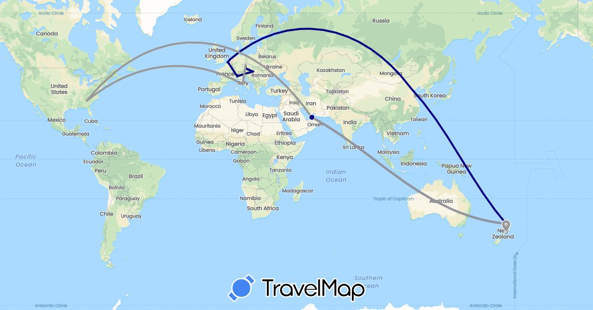 TravelMap itinerary: driving, plane in United Arab Emirates, Austria, Belgium, China, Czech Republic, Hungary, Italy, Netherlands, New Zealand, United States (Asia, Europe, North America, Oceania)